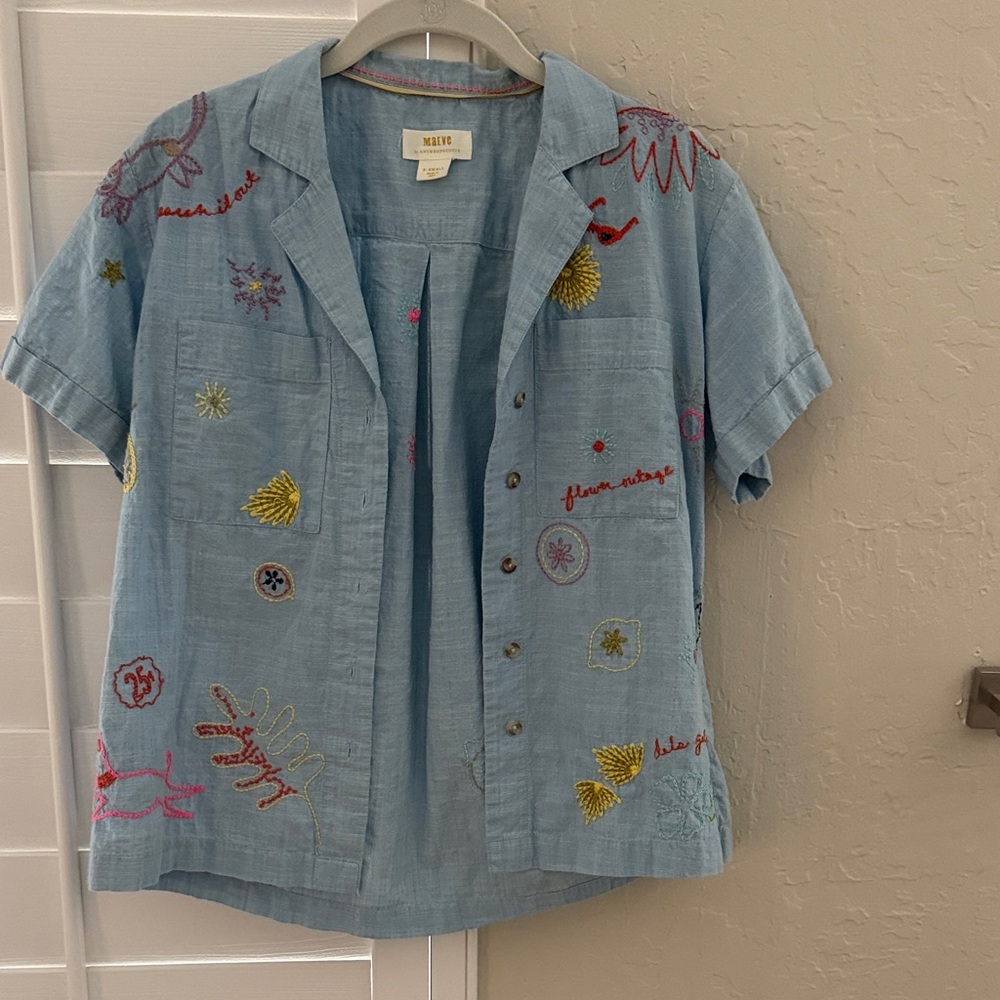 Anthropologie Maeve Blue Top with Pink Accents